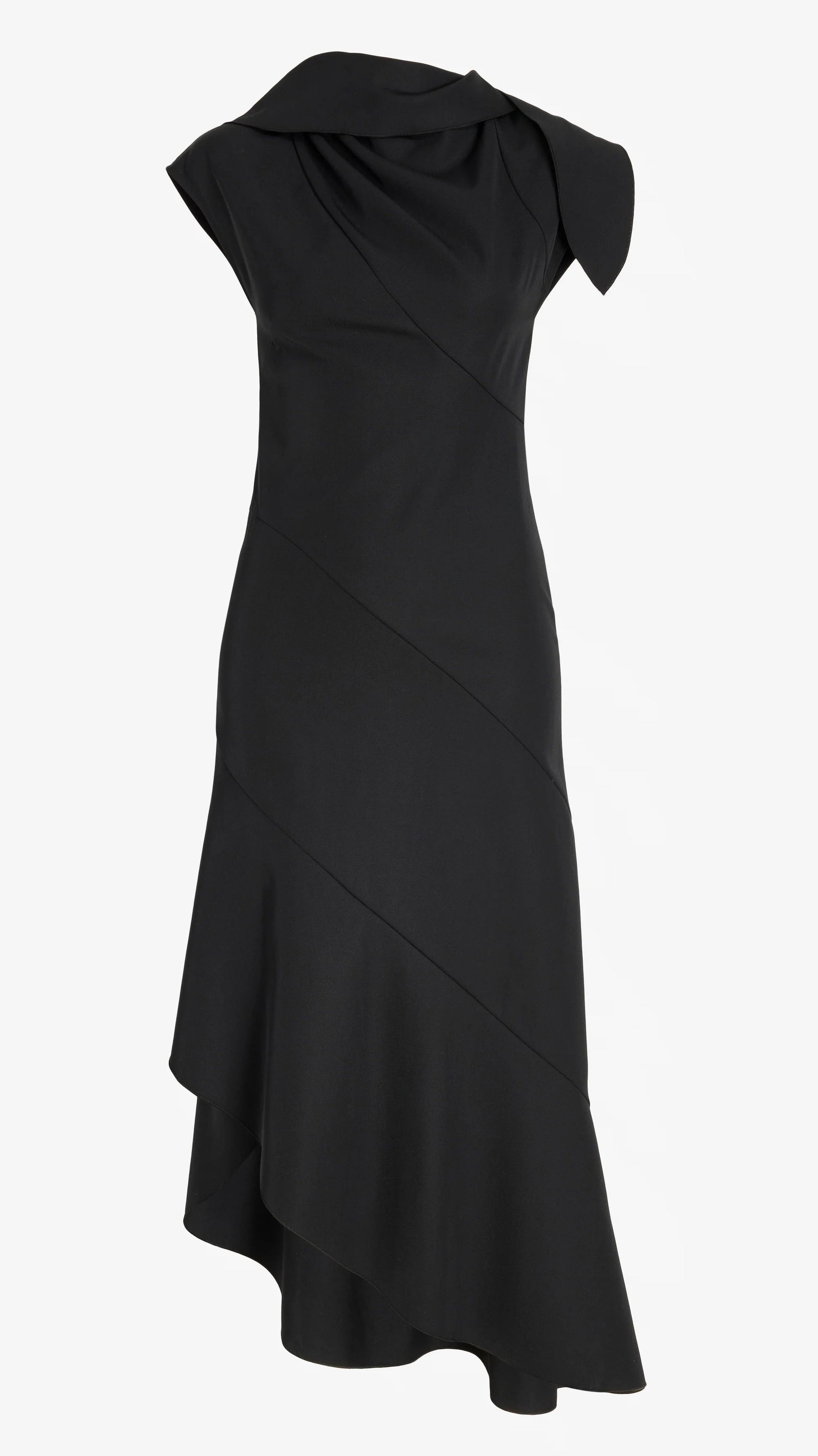 The Elodine Tropical Wool Dress by Proenza Schouler features an asymmetrical black design with cap sleeves, a draped collar, diagonal seams, and a high-low ruffled hem. Expertly crafted from luxurious tropical wool, this transitional silhouette is showcased against a plain white background.