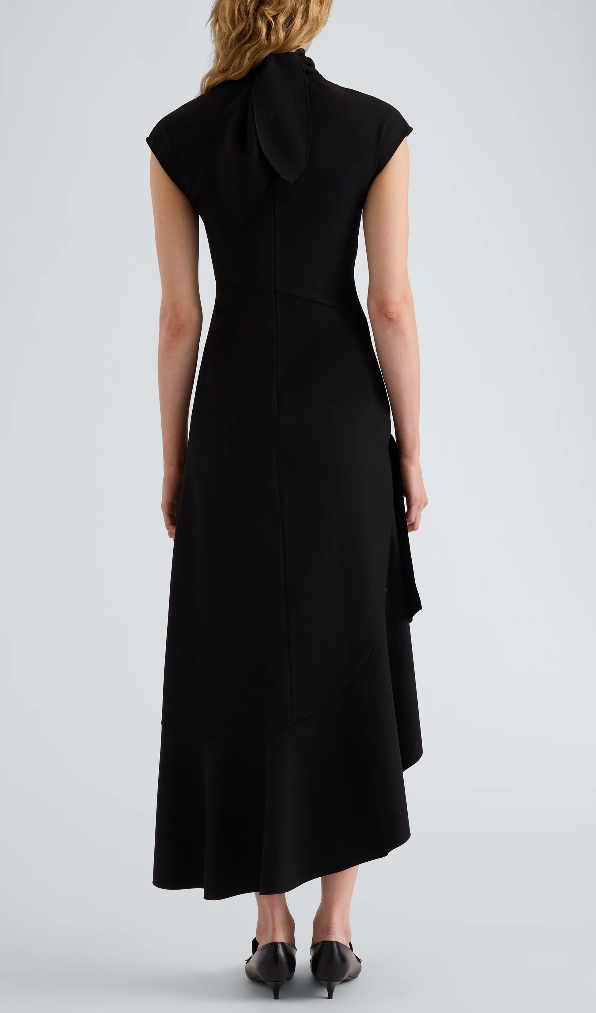 A person stands with their back to the camera against a plain light background, wearing the Proenza Schouler Elodine Tropical Wool Dress—a black, sleeveless, ankle-length piece with a transitional silhouette. Black shoes complete the look.