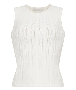 The Brynn Compact Jacquard Knit Top by Adam Lippes is a sleeveless white piece featuring a round neckline, rib-stitch jacquard construction, vertical textured patterns, and a fitted silhouette.