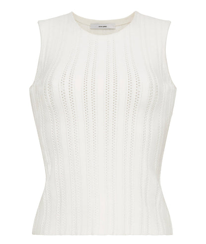 The Brynn Compact Jacquard Knit Top by Adam Lippes is a sleeveless white piece featuring a round neckline, rib-stitch jacquard construction, vertical textured patterns, and a fitted silhouette.