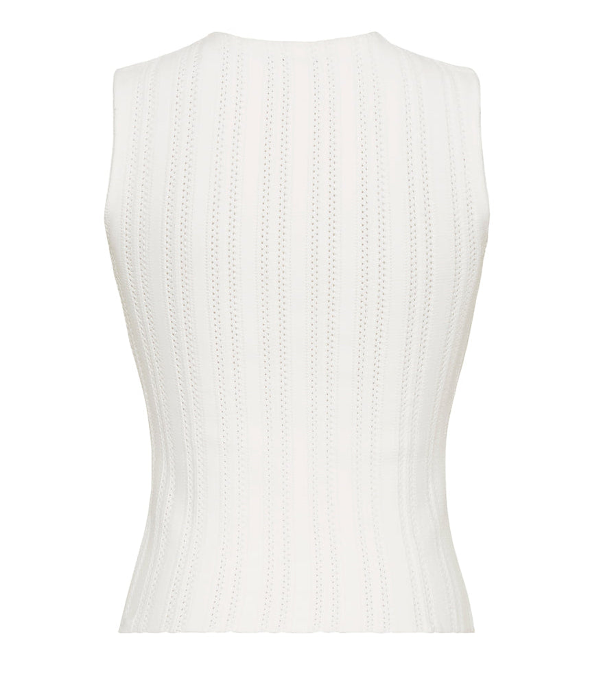 Back view of the Adam Lippes Brynn Compact Jacquard Knit Top, a sleeveless white design featuring a vertical ribbed pattern and a fitted bodice.