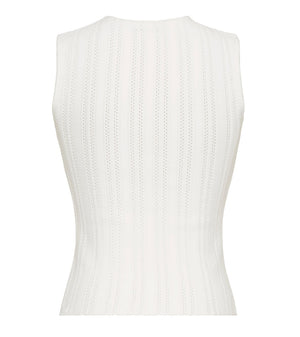 Back view of the Adam Lippes Brynn Compact Jacquard Knit Top, a sleeveless white design featuring a vertical ribbed pattern and a fitted bodice.