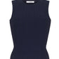 The Brynn Compact Jacquard Knit Top by Adam Lippes is a sleeveless navy shell with a crew neckline, fitted bodice, and subtle vertical rib-stitch jacquard texture.