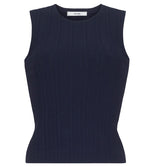 The Brynn Compact Jacquard Knit Top by Adam Lippes is a sleeveless navy shell with a crew neckline, fitted bodice, and subtle vertical rib-stitch jacquard texture.