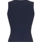 Back view of the Adam Lippes Brynn Compact Jacquard Knit Top, a sleeveless dark navy ribbed knit with a round neckline and fitted bodice.