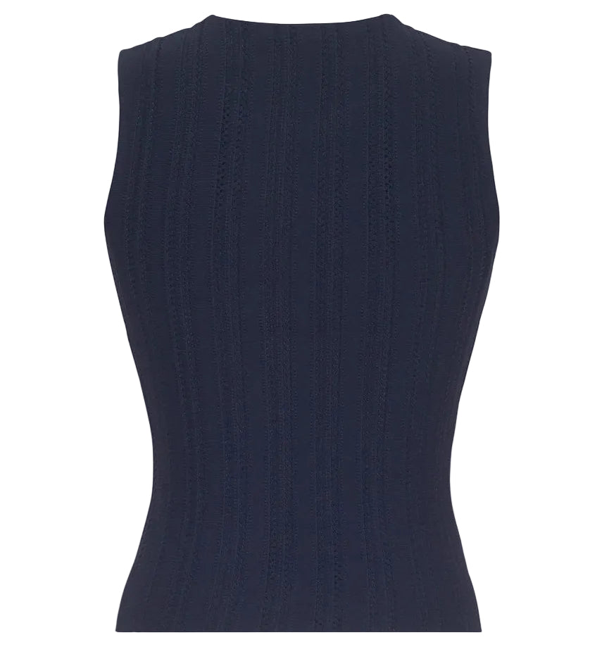 Back view of the Adam Lippes Brynn Compact Jacquard Knit Top, a sleeveless dark navy ribbed knit with a round neckline and fitted bodice.