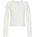 The Faye Compact Jacquard Knit Cardigan by Adam Lippes features long sleeves, a round neckline, and front button closure, shown on a plain background.