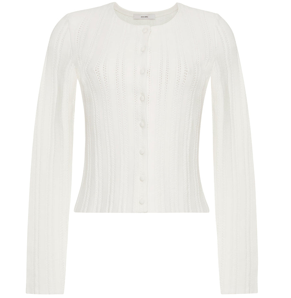 The Faye Compact Jacquard Knit Cardigan by Adam Lippes features long sleeves, a round neckline, and front button closure, shown on a plain background.
