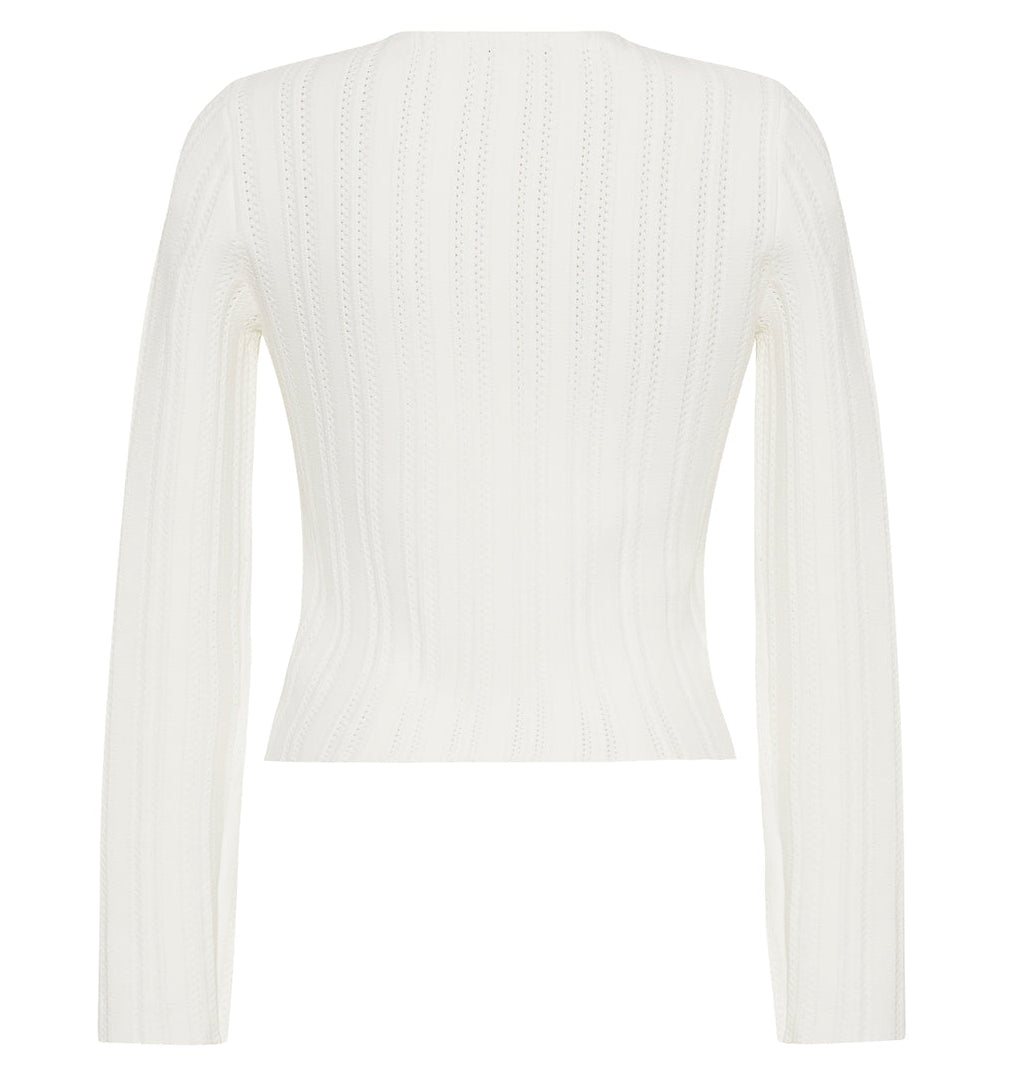 Back view of the Faye Compact Jacquard Knit Cardigan by Adam Lippes, featuring ivory ribbed-knit texture and a fitted silhouette that captures modern elegance.