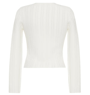 Back view of the Faye Compact Jacquard Knit Cardigan by Adam Lippes, featuring ivory ribbed-knit texture and a fitted silhouette that captures modern elegance.