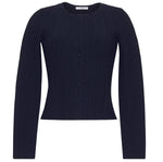 The Faye Compact Jacquard Knit Cardigan by Adam Lippes is a long-sleeve, navy blue cardigan with a round neckline and front buttons, showcasing elegant ribbed knit inspired by classic pointelle designs.