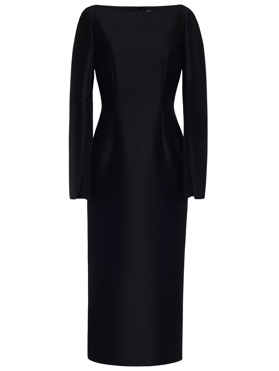 The Adam Lippes Talitha Silk Wool Twill Dress is a knee-length, long-sleeved black sheath with a fitted waist and high boat neckline, shown on a plain white background.