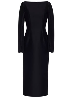 The Adam Lippes Talitha Silk Wool Twill Dress is a knee-length, long-sleeved black sheath with a fitted waist and high boat neckline, shown on a plain white background.