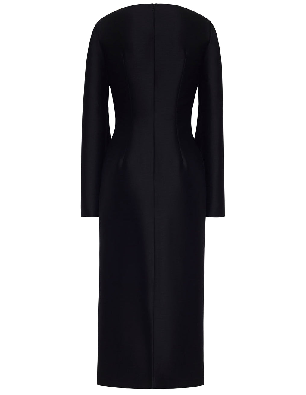 The Talitha Silk Wool Twill Dress by Adam Lippes is a black, long-sleeved fitted midi dress with split sleeves, central seam, rear zipper closure, and a high boat neck, shown from the back.