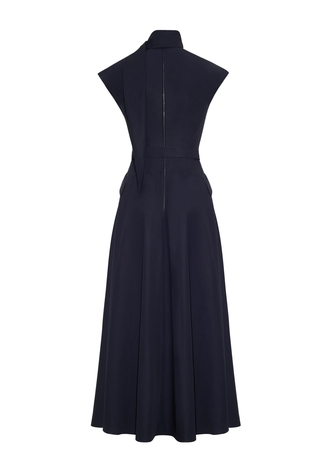 Back view of the Adam Lippes Akane Dress, a sleeveless navy Japanese cotton design featuring a high neckline, structured shoulders, A-line skirt, and visible back zipper.