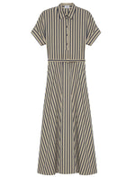 The Sadie Stripe Dress by Adam Lippes features a beige A-line silhouette with short sleeves, a collared neckline, black vertical and diagonal stripes, buttoned front, and a flared skirt.