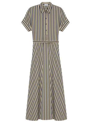 The Sadie Stripe Dress by Adam Lippes features a beige A-line silhouette with short sleeves, a collared neckline, black vertical and diagonal stripes, buttoned front, and a flared skirt.