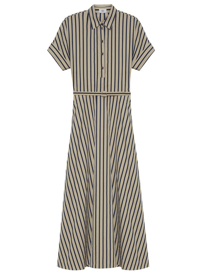 The Sadie Stripe Dress by Adam Lippes features a beige A-line silhouette with short sleeves, a collared neckline, black vertical and diagonal stripes, buttoned front, and a flared skirt.