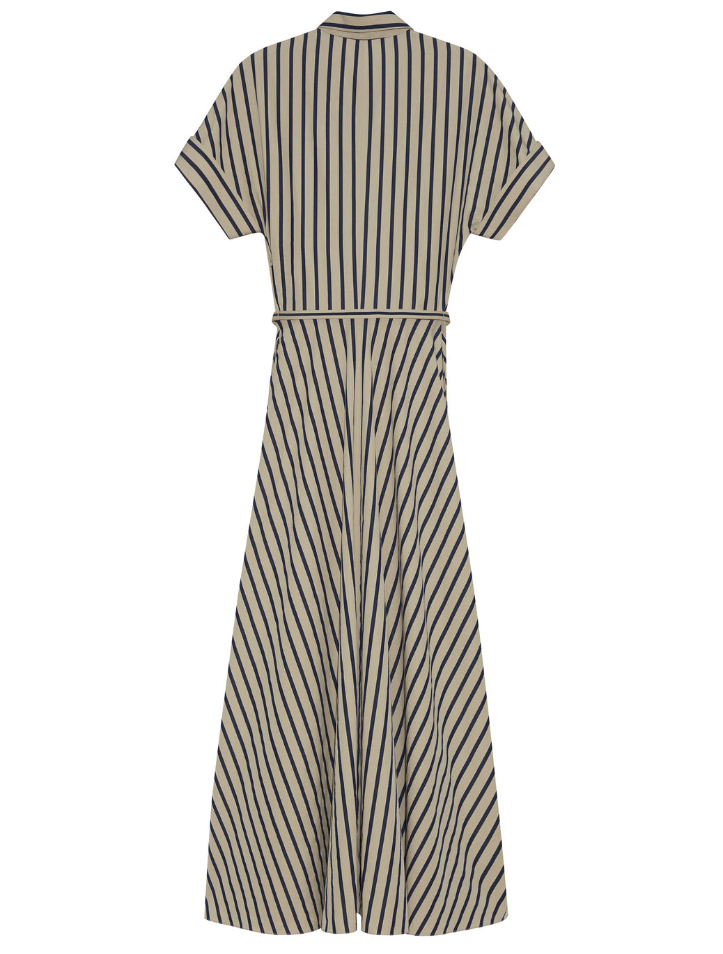 The Sadie Stripe Dress by Adam Lippes is a beige short-sleeve A-line Italian cotton dress with vertical and diagonal black stripes, a matching waist tie, and is displayed from the back.