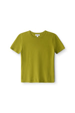 Laid flat on a white background, the Staud Easy Cashmere Tee features a short-sleeve, crew neckline design in olive green knit with a fitted silhouette and a "STAUD" label at the neckline.