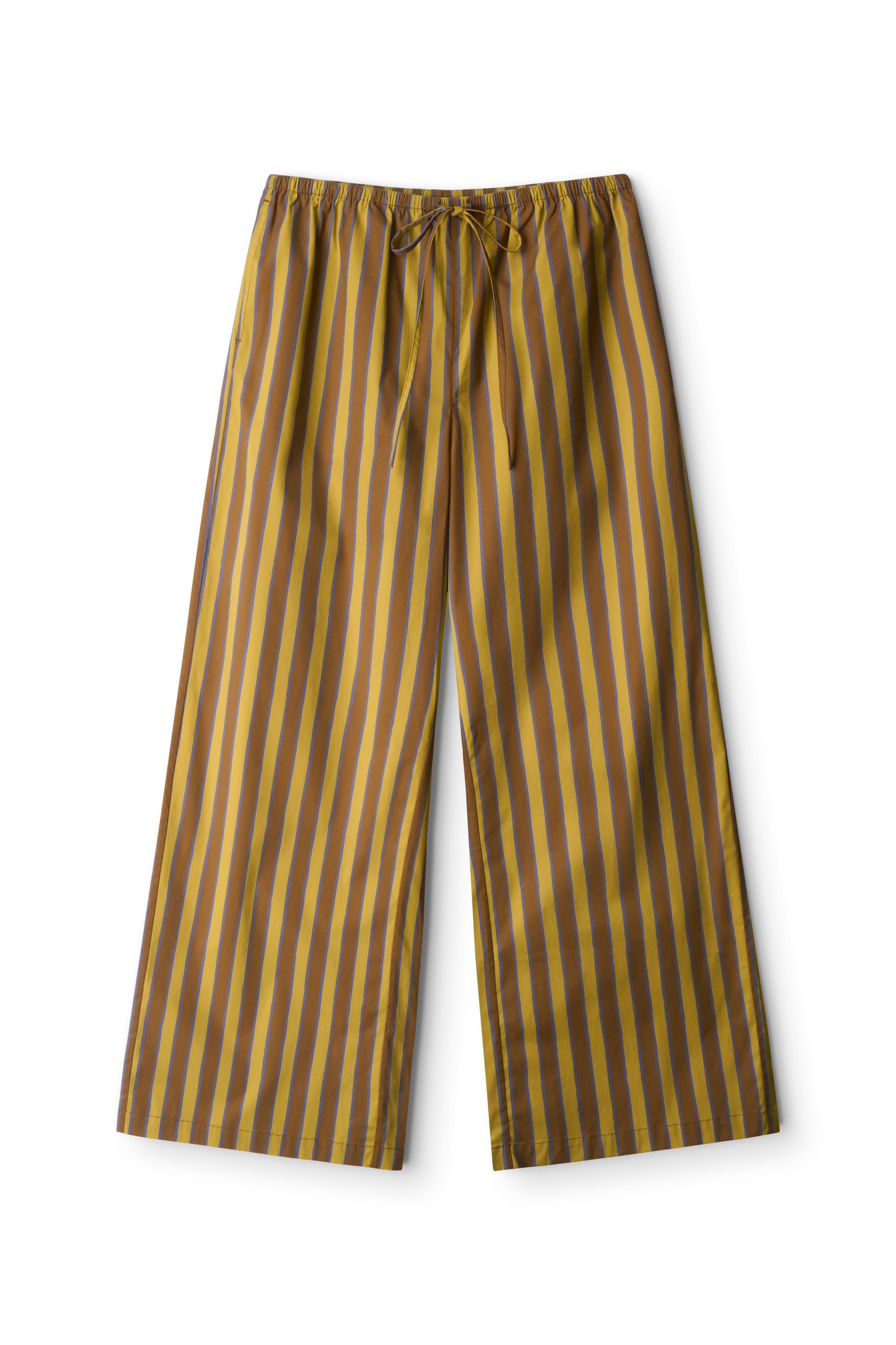 The Mateo Cotton Poplin Pant by Staud features a wide-leg, mid-rise silhouette with vertical mustard yellow and brown stripes, crafted from soft cotton poplin and finished with an elastic drawstring waist.