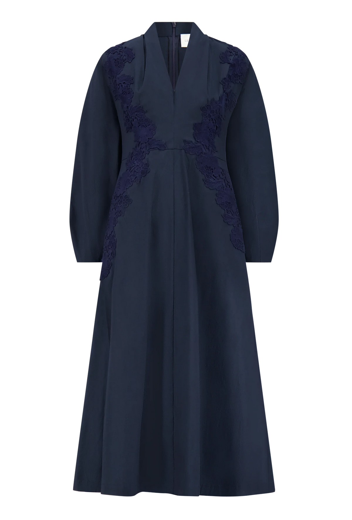 Lela Rose Macrame Lace Detail Dress in navy blue cotton poplin, featuring long sleeves, a V-neckline, floral lace applique on the bodice, and an A-line silhouette.