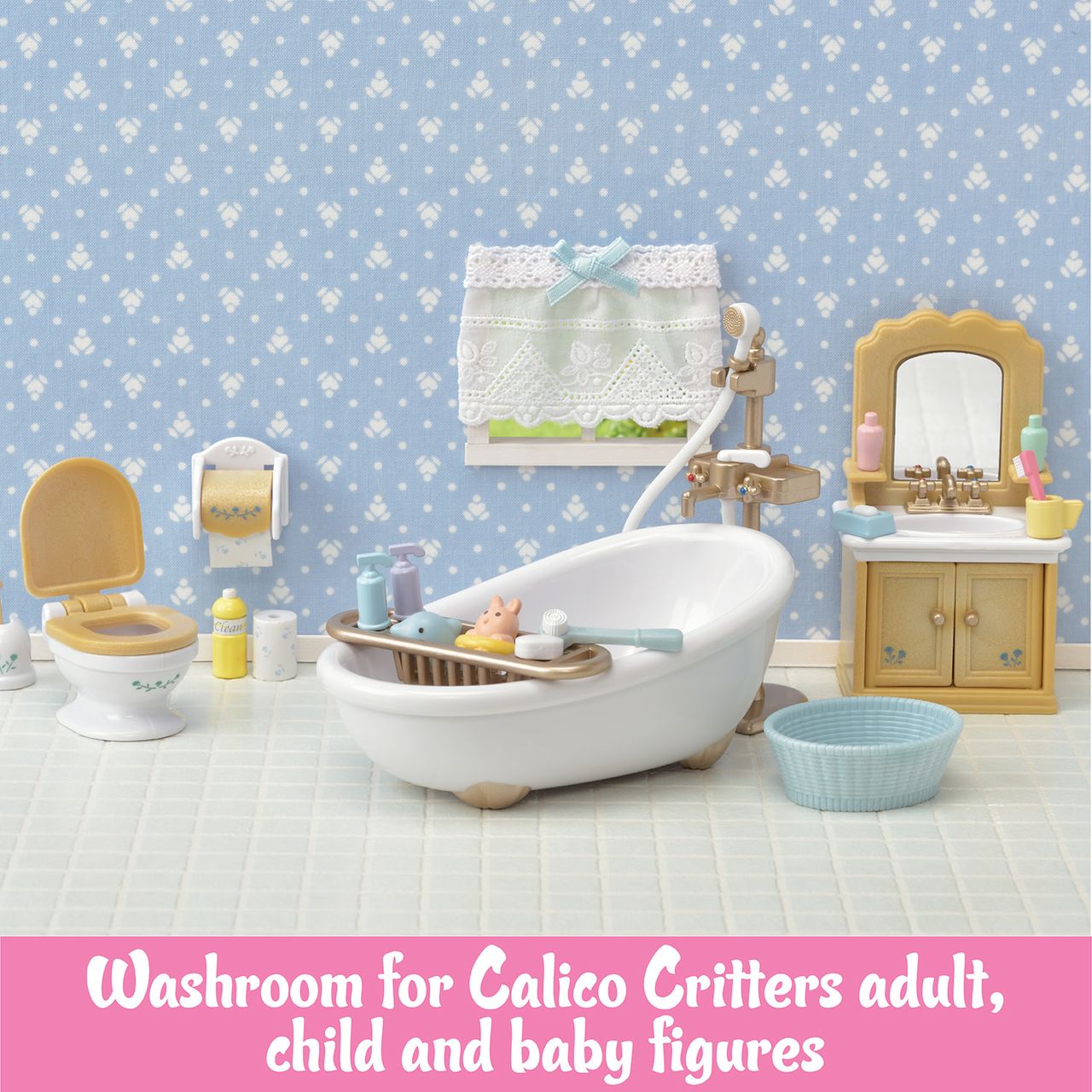 The Calico Critters Country Bathroom Set includes a bathtub, toilet, sink, and charming accessories designed for Calico Critters figures, all set against a blue patterned wall—perfect as detailed dollhouse furniture.