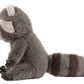 The Jellycat Trixiwoo Raccoon plush toy is pictured in profile, sitting upright with a striped tail and detailed fur, showcasing its charming and lifelike design.