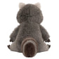 The Trixiwoo Raccoon by Jellycat is a plush toy raccoon with gray and brown fur, a striped tail, and pointed ears, shown from the back.