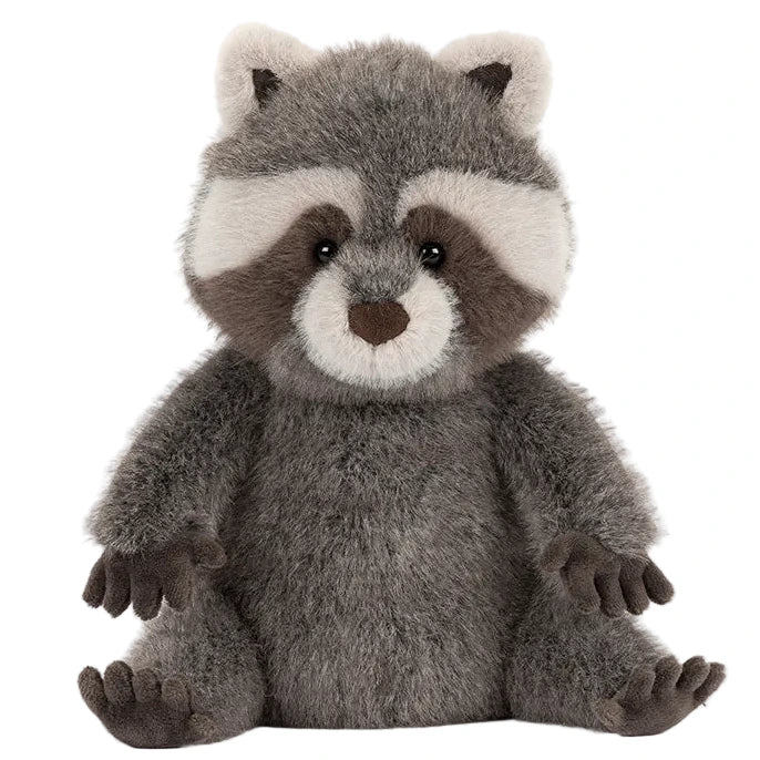 Trixiwoo Raccoon by Jellycat is a plush toy with grey and white fur, dark eyes, and a round nose, sitting upright with its legs spread.