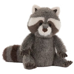 The Jellycat Trixiwoo Raccoon is a plush toy with gray and white fur, dark eye markings, a striped tail, and sits upright.