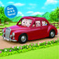 Four Calico Critters figures sit inside the red Family Cruising Car, traveling along a road bordered by grass, flowers, and a fence—perfect for exciting adventures in Calico Village. A blue label reads, “Seats up to 5 figures!”.