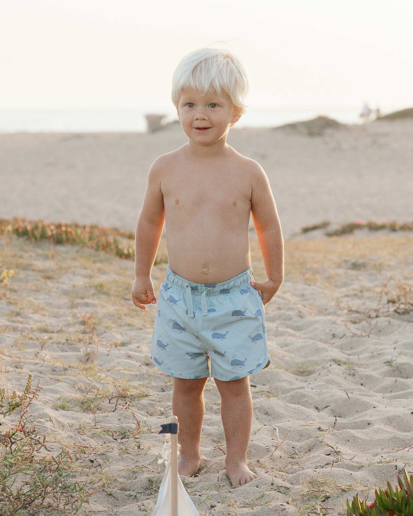 A young blonde boy stands shirtless on a sandy beach in Rylee & Cru Baby Boys' & Boys' Swim Trunk. Whale patterns and UPF 50+ protection stand out, with beach vegetation and distant water in the background.