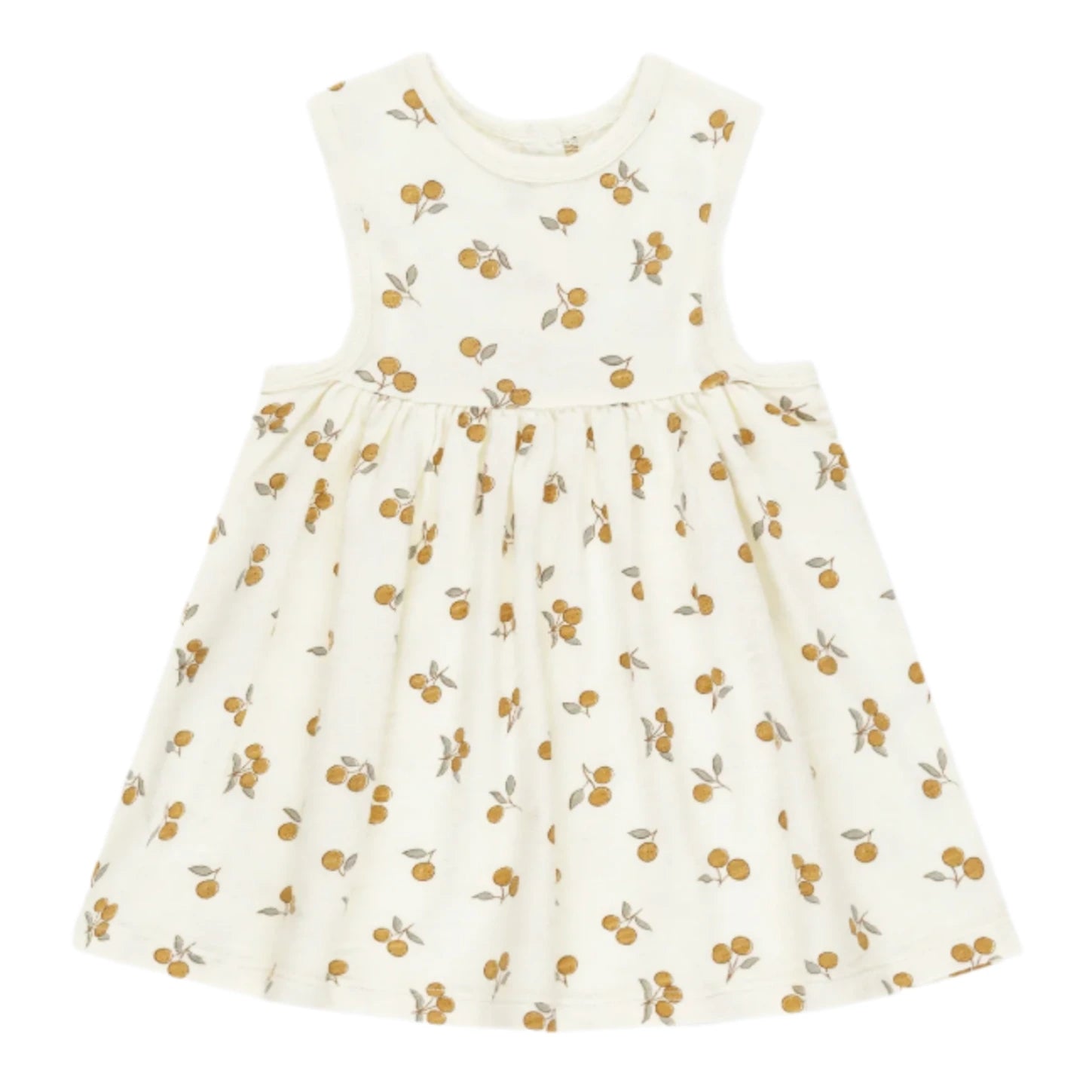 The Rylee & Cru Baby Girls' and Girls' Layla Dress is a sleeveless cream cotton jersey dress with a gathered skirt, featuring an all-over yellow and brown fruit print.