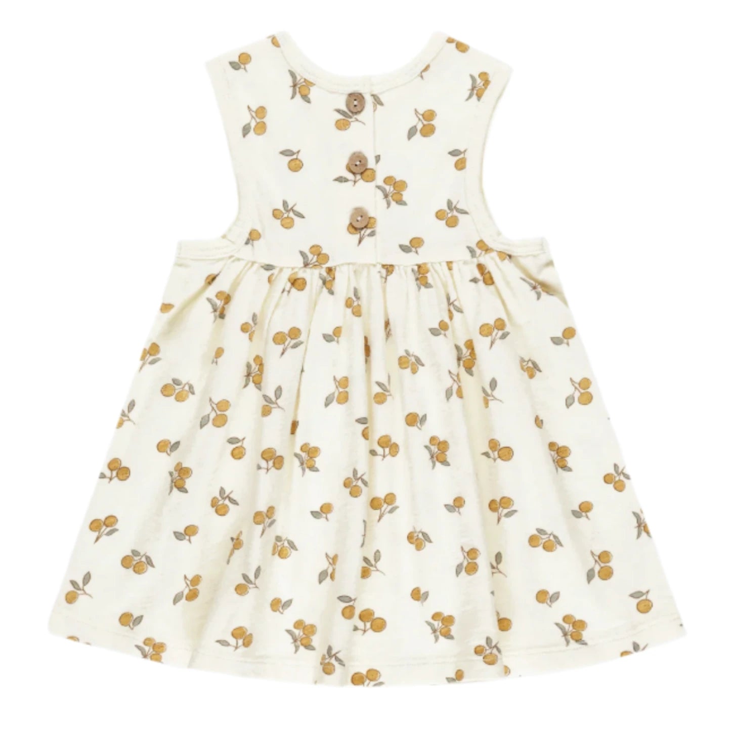 The Rylee & Cru Baby Girls' and Girls' Layla Dress is a sleeveless cream babydoll dress with yellow and brown fruit print, three back buttons, and a gathered skirt, made from soft cotton jersey.
