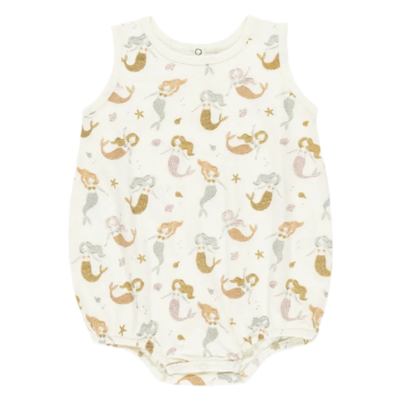 The Rylee & Cru Baby Girls' Bubble Onesie is a sleeveless, soft cotton jersey in white, adorned with a mermaids, seashells, and starfish print in pastel shades.