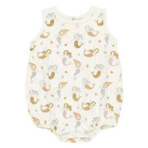 The Rylee & Cru Baby Girls' Bubble Onesie is a sleeveless, soft cotton jersey in white, adorned with a mermaids, seashells, and starfish print in pastel shades.