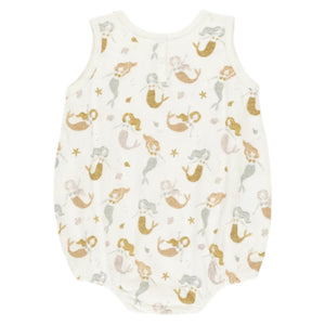 The Rylee & Cru Baby Girls' Bubble Onesie is sleeveless and made from soft cotton jersey, featuring a charming mermaids print with seashells and starfish in muted pastel tones.