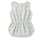 The Rylee & Cru Baby Girls' Cinch Playsuit features a light gray shell pattern, sleeveless design, elastic waist, and snap closures—ideal for summer days.
