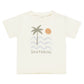 The Rylee & Cru Baby Boys' and Boys' Raw Edge Tee is a cream cotton slub t-shirt featuring a palm tree, wavy lines, an orange sun, and "SANTORINI" printed on the front.