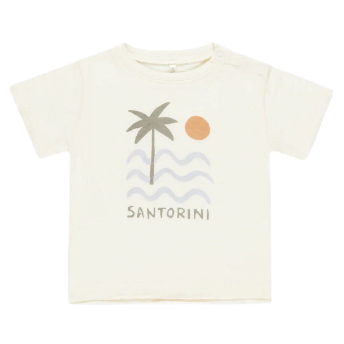 The Rylee & Cru Baby Boys' and Boys' Raw Edge Tee is a cream cotton slub t-shirt featuring a palm tree, wavy lines, an orange sun, and "SANTORINI" printed on the front.