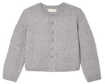 The Girls’ Scallop Cardigan by Rylee & Cru, shown in light gray and featuring long sleeves, a round neck, and a scalloped button placket, is perfect for cozy layering and is laid flat on a white background.