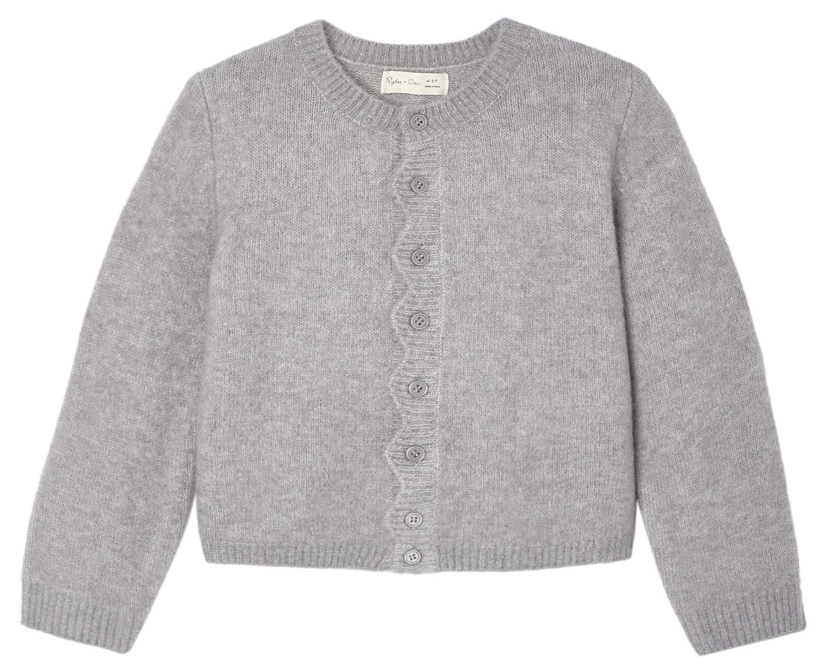 The Girls’ Scallop Cardigan by Rylee & Cru, shown in light gray and featuring long sleeves, a round neck, and a scalloped button placket, is perfect for cozy layering and is laid flat on a white background.