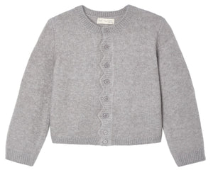 The Girls’ Scallop Cardigan by Rylee & Cru, shown in light gray and featuring long sleeves, a round neck, and a scalloped button placket, is perfect for cozy layering and is laid flat on a white background.