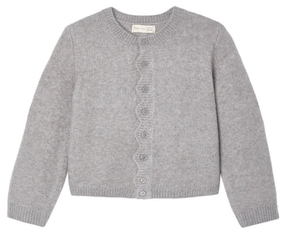 The Girls’ Scallop Cardigan by Rylee & Cru, shown in light gray and featuring long sleeves, a round neck, and a scalloped button placket, is perfect for cozy layering and is laid flat on a white background.