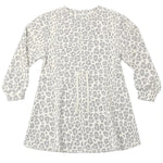The Girls’ Tate Dress by Rylee & Cru is a long-sleeved, knee-length dress with a gray and white leopard print and an adjustable drawstring at the gathered waist, shown laid flat on a white background.