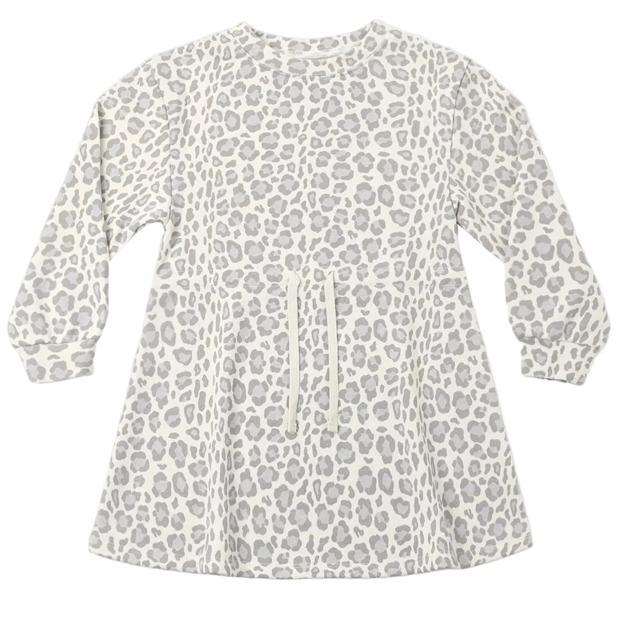 The Girls’ Tate Dress by Rylee & Cru is a long-sleeved, knee-length dress with a gray and white leopard print and an adjustable drawstring at the gathered waist, shown laid flat on a white background.