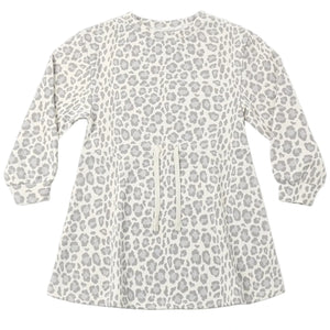 The Girls’ Tate Dress by Rylee & Cru is a long-sleeved, knee-length dress with a gray and white leopard print and an adjustable drawstring at the gathered waist, shown laid flat on a white background.