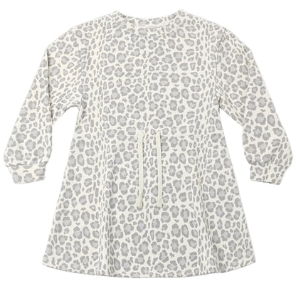The Girls’ Tate Dress by Rylee & Cru is a long-sleeved, knee-length dress with a gray and white leopard print and an adjustable drawstring at the gathered waist, shown laid flat on a white background.