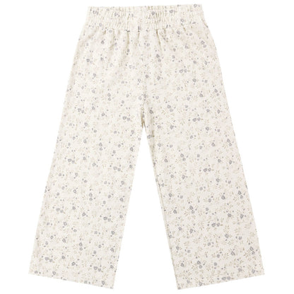 Girls’ Wide Leg Pant from Rylee & Cru, featuring a cream color with a small, all-over floral print in muted tones and designed with an elastic waistband for an easy pull-on fit, is laid flat on a white background.